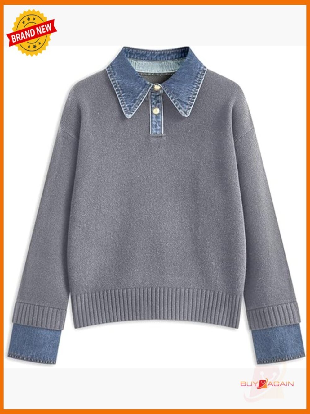 Oversized Denim Collar Pullover Sweater Long Sleeve Button Front